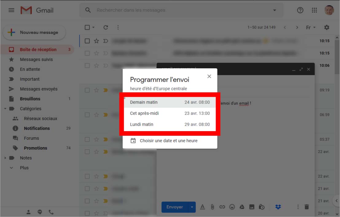 5c9c54f73a6f6bcfd9214ecd93b86 écran montrant la programmation d'un e-mail sur gmail