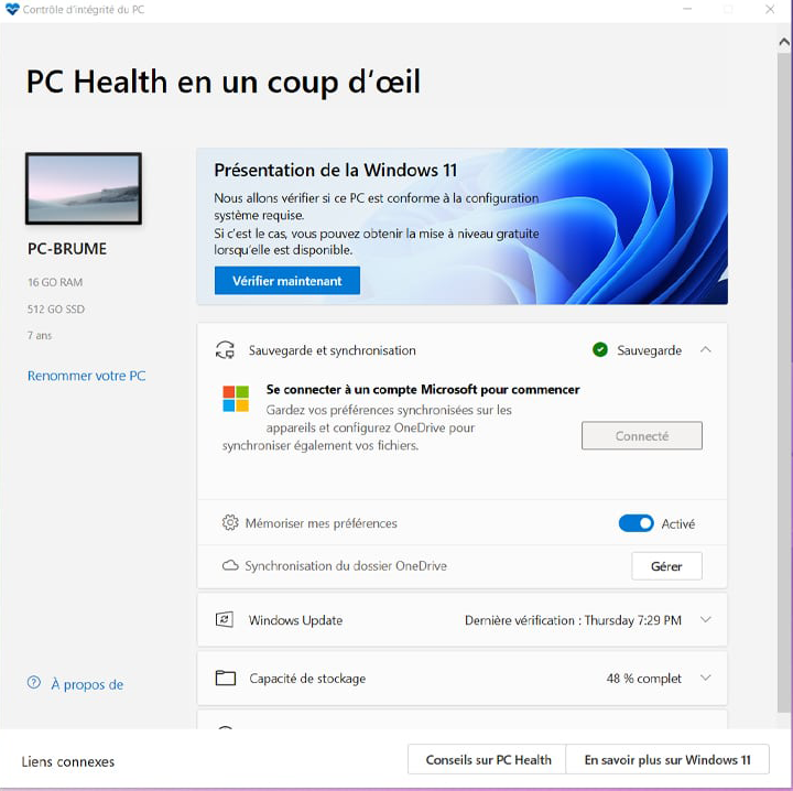 écran d'accueil de windows health